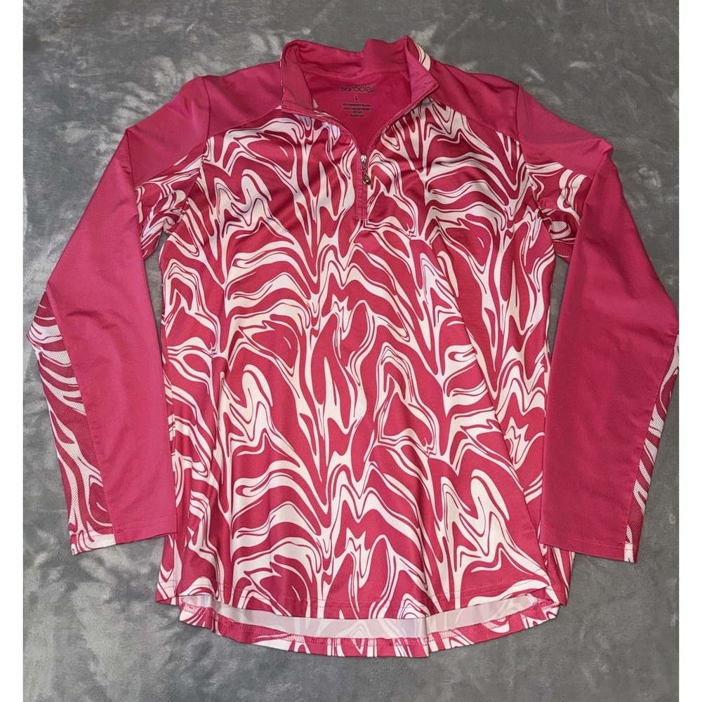 SanSoleil Women's Top L UV50+ Cooling Pink White Swirls 1/4 Zip Vented Golf
